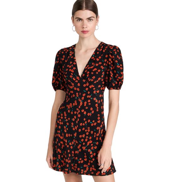 Staud Milla Mini Dress Poppy Print Red Black V-Neck Puff Sleeve Sz 0 Women - Picture 4 of 13